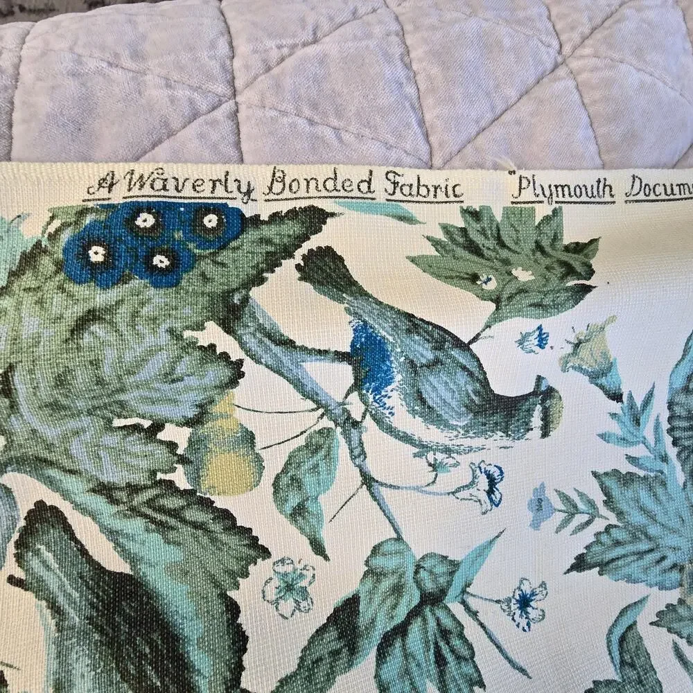 Vintage Waverly Fabric Remnant Plymouth Document Blue Yellow Green Birds READ DS